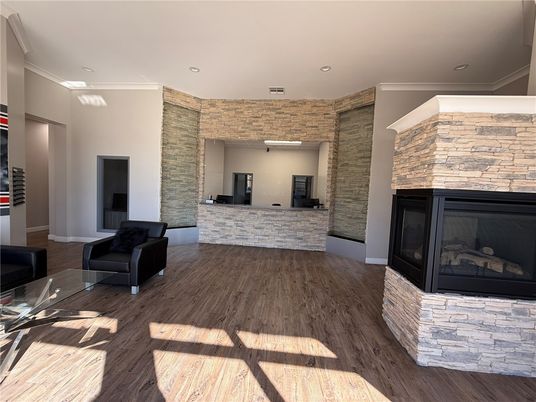 Fireplace, Interior, Recessed Lighting, Stone Walls, Wood Texture Flooring