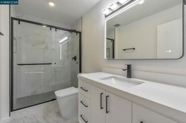 Bathroom, Glass Shower, Interior, Marble, Marble Walls, Recessed Lighting
