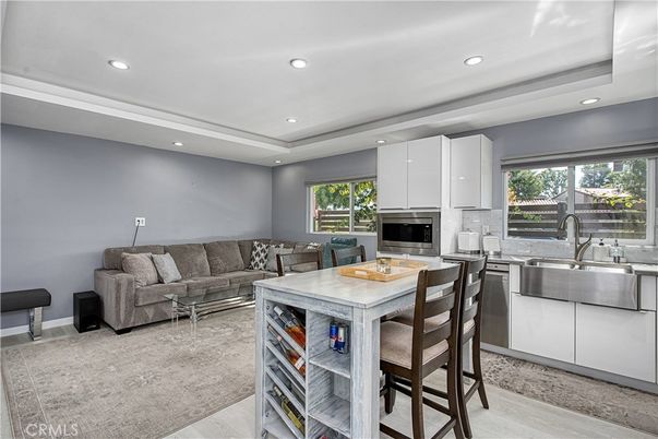 Interior, Kitchen, Living room, Recessed Lighting, Stainless Steel Appliances, Wood Texture Flooring