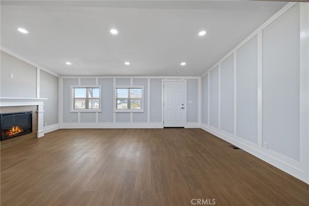Empty room, Fireplace, Interior, Recessed Lighting, Wood Texture Flooring