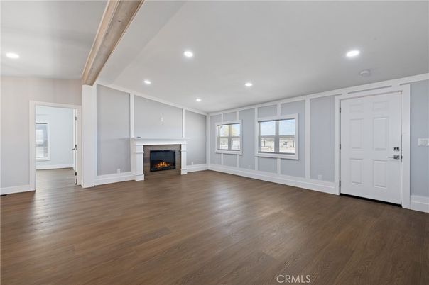 Empty room, Fireplace, Interior, Recessed Lighting, Wood Texture Flooring