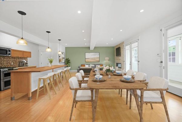 Dining room, Fireplace, Interior, Kitchen, Pendant Lights, Recessed Lighting, Wood Texture Flooring
