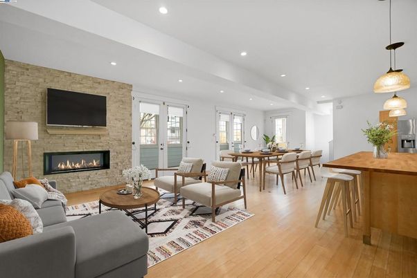 Dining room, Fireplace, Interior, Living room, Pendant Lights, Recessed Lighting, Stone Walls, Wood Texture Flooring