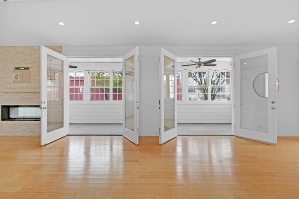 Empty room, Fireplace, Interior, Recessed Lighting, Wood Texture Flooring