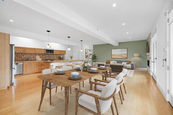 Dining room, Interior, Kitchen, Living room, Pendant Lights, Recessed Lighting, Stainless Steel Appliances, Wood Texture Flooring