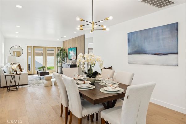 Dining room, Interior, Living room, Pendant Lights, Recessed Lighting, Wood Texture Flooring, Wooden Walls