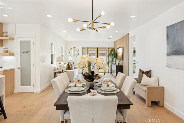 Dining room, Interior, Pendant Lights, Recessed Lighting, Wood Texture Flooring
