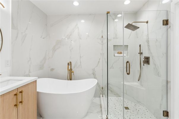 Bathroom, Free Standing Baths, Glass Shower, Interior, Marble Walls, Recessed Lighting