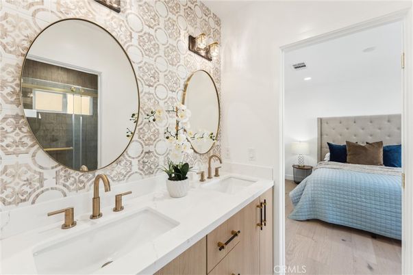 Bathroom, Bedroom, Dual Sink Vanities, Interior, Recessed Lighting, Wood Texture Flooring