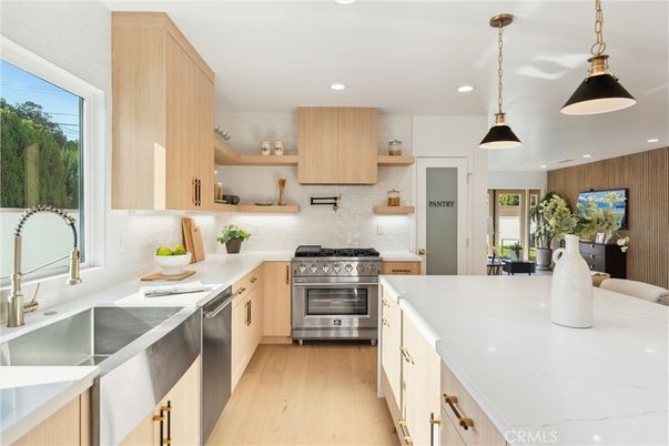 Interior, Kitchen, Pendant Lights, Recessed Lighting, Stainless Steel Appliances, Wood Texture Flooring