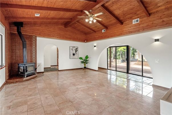 Empty room, Fireplace, Interior, Stone Walls, Wooden Beams, Wooden Ceilings