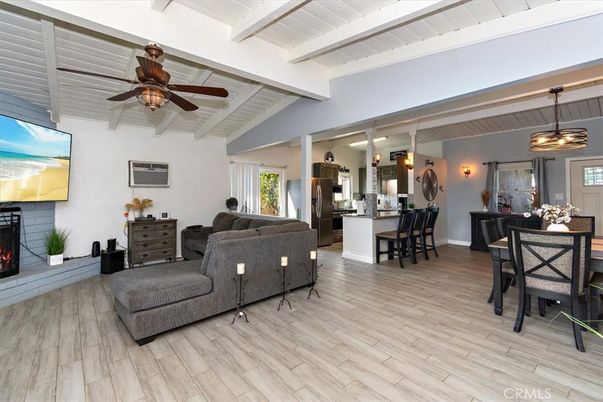 Dining room, Fireplace, Interior, Kitchen, Living room, Pendant Lights, Wood Texture Flooring
