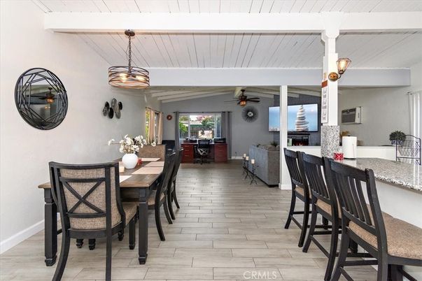 Dining room, Interior, Pendant Lights, Wood Texture Flooring