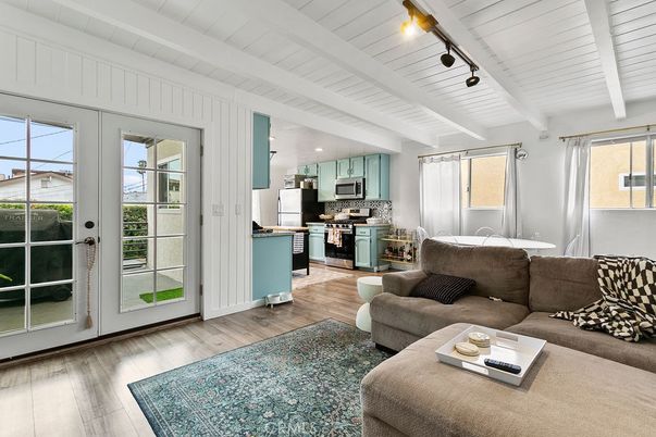 Interior, Kitchen, Living room, Recessed Lighting, Stainless Steel Appliances, Wood Texture Flooring