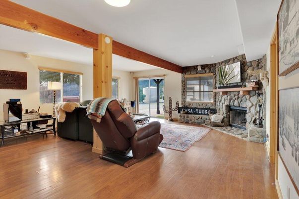 Fireplace, Interior, Living room, Stone Walls, Wooden Beams, Wood Texture Flooring