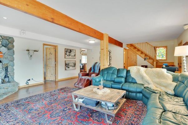 Interior, Living room, Recessed Lighting, Stone Walls, Wooden Beams, Wood Texture Flooring