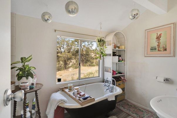 Bathroom, Free Standing Baths, Interior, Pendant Lights, Wood Texture Flooring