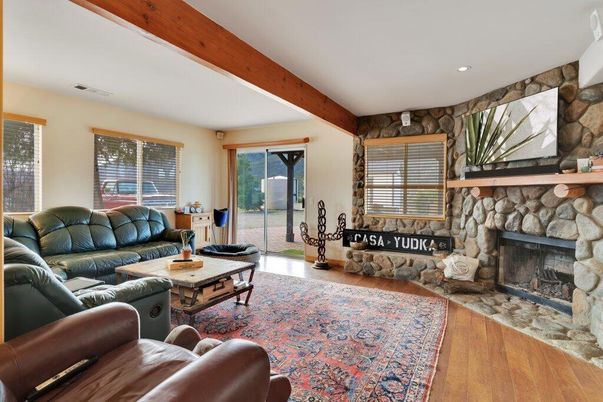 Fireplace, Interior, Living room, Recessed Lighting, Stone Walls, Wooden Beams, Wood Texture Flooring