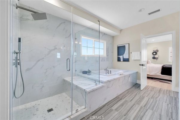 Bathroom, Bedroom, Glass Shower, Interior, Marble, Marble Walls, Recessed Lighting