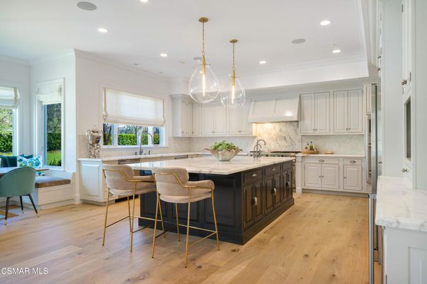 Interior, Kitchen, Marble Walls, Pendant Lights, Recessed Lighting, Wood Texture Flooring