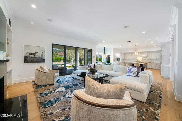Fireplace, Interior, Kitchen, Living room, Pendant Lights, Recessed Lighting, Wood Texture Flooring