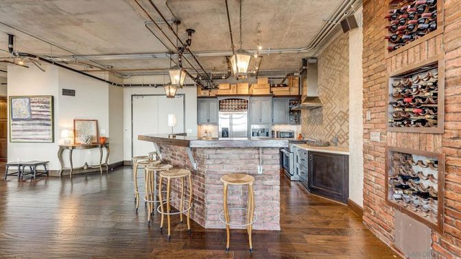 Interior, Kitchen, Pendant Lights, Stone Walls, Wood Texture Flooring