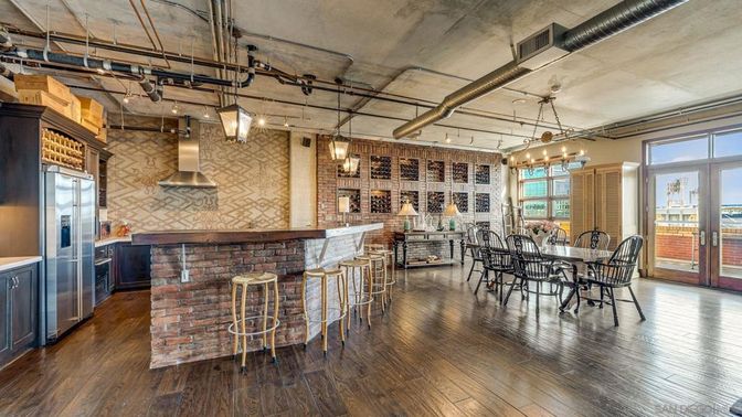 Dining room, Interior, Pendant Lights, Stone Walls, Wood Texture Flooring