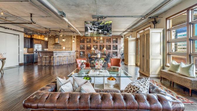 Dining room, Interior, Kitchen, Living room, Pendant Lights, Stone Walls, Wood Texture Flooring