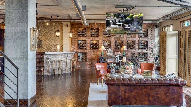 Dining room, Interior, Pendant Lights, Stone Walls, Wood Texture Flooring
