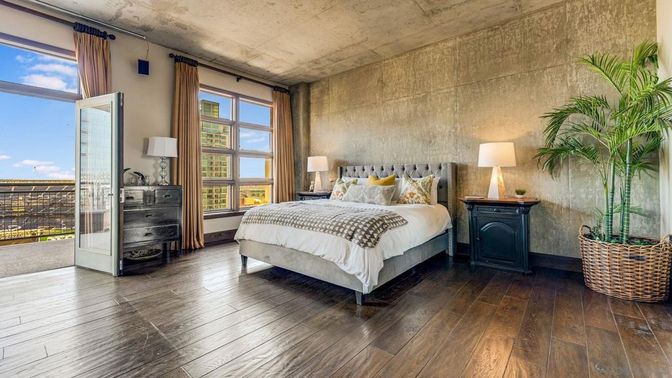 Bedroom, Fireplace, Interior, Wood Texture Flooring