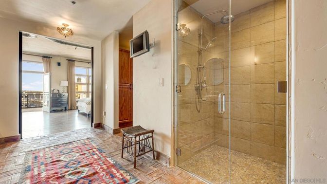 Bathroom, Glass Shower, Interior, Wood Texture Flooring