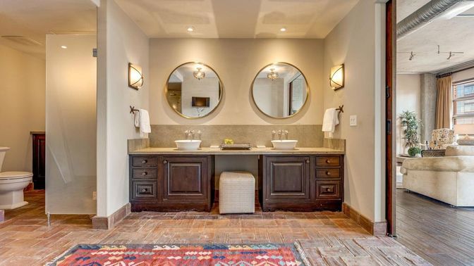 Bathroom, Dual Sink Vanities, Interior, Recessed Lighting, Wood Texture Flooring