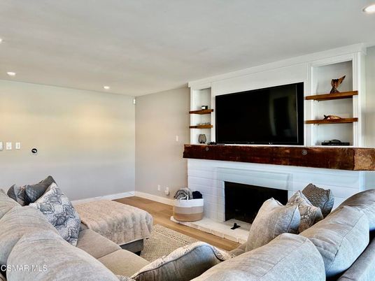 Fireplace, Interior, Living room, Recessed Lighting, Wood Texture Flooring