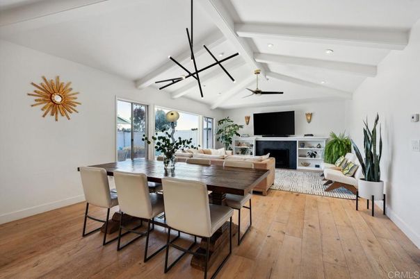 Dining room, Fireplace, Interior, Living room, Pendant Lights, Recessed Lighting, Wood Texture Flooring