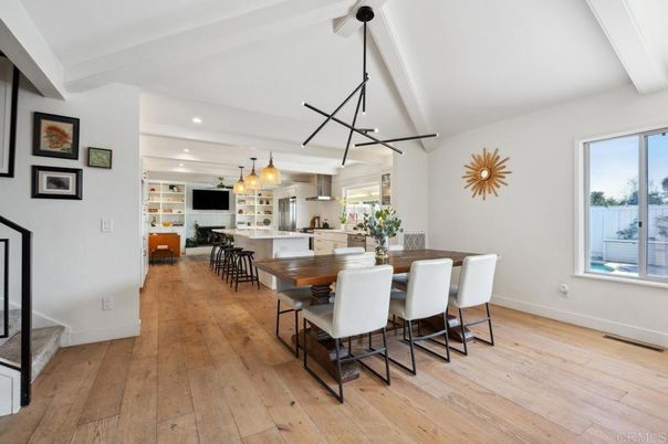 Dining room, Interior, Kitchen, Pendant Lights, Recessed Lighting, Wood Texture Flooring