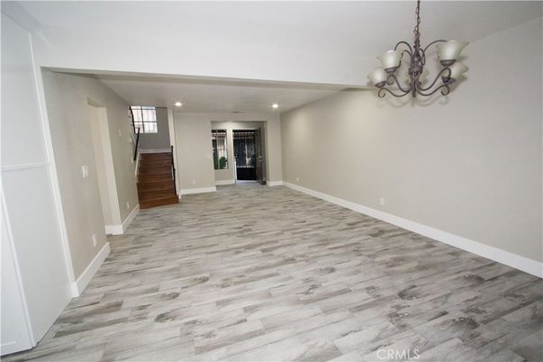 Chandelier, Empty room, Interior, Recessed Lighting, Wood Texture Flooring