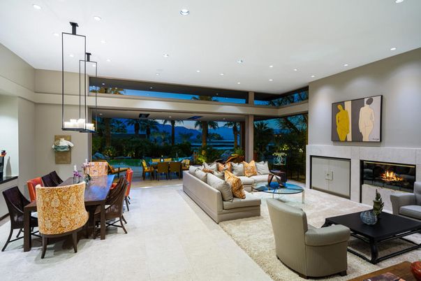 Dining room, Fireplace, Interior, Living room, Pendant Lights, Recessed Lighting
