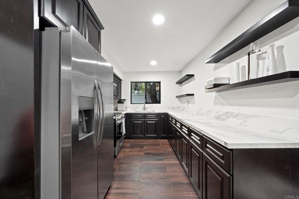 Interior, Kitchen, Recessed Lighting, Stainless Steel Appliances, Wood Texture Flooring