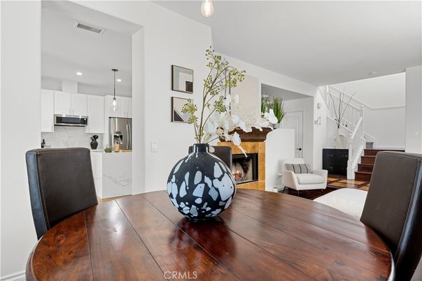 Dining room, Fireplace, Interior, Kitchen, Pendant Lights, Recessed Lighting, Stainless Steel Appliances