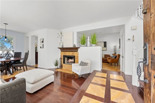 Dining room, Fireplace, Interior, Living room, Pendant Lights, Wood Texture Flooring