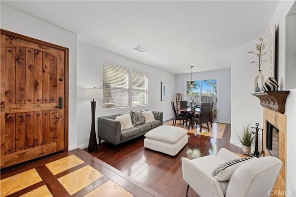 Dining room, Fireplace, Interior, Living room, Pendant Lights, Wood Texture Flooring