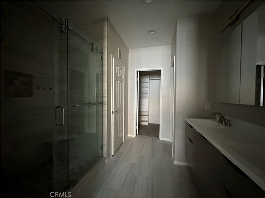 Bathroom, Glass Shower, Interior, Recessed Lighting, Wood Texture Flooring