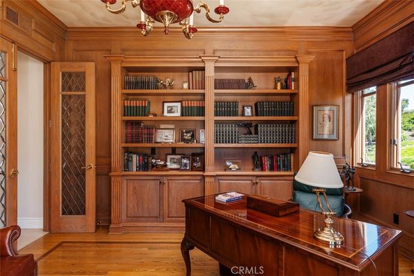 Chandelier, Home Office, Interior, Wood Texture Flooring, Wooden Walls