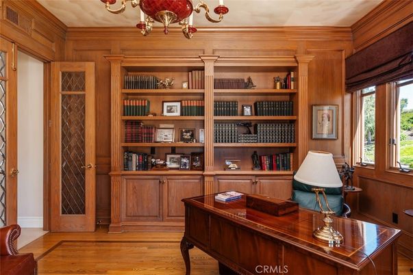 Chandelier, Home Office, Interior, Wood Texture Flooring, Wooden Walls