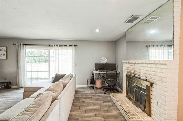 Fireplace, Home Office, Interior, Recessed Lighting, Wood Texture Flooring