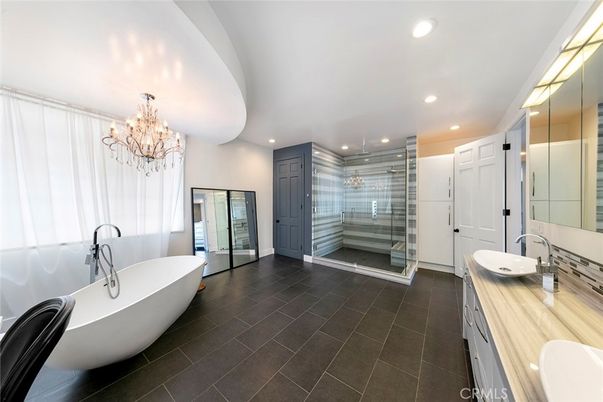 Bathroom, Chandelier, Dual Sink Vanities, Free Standing Baths, Glass Shower, Interior, Recessed Lighting