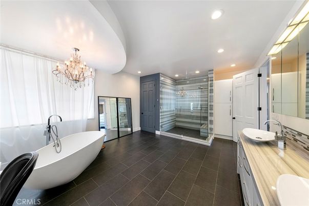 Bathroom, Chandelier, Dual Sink Vanities, Free Standing Baths, Glass Shower, Interior, Recessed Lighting
