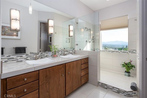 Bathroom, Dual Sink Vanities, Glass Shower, Interior, Pendant Lights