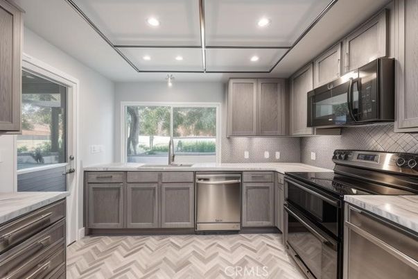 Interior, Kitchen, Recessed Lighting, Stainless Steel Appliances, Wood Texture Flooring