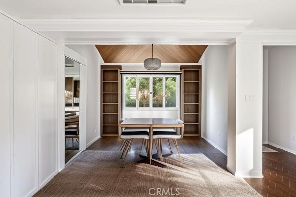 Dining room, Interior, Pendant Lights, Wooden Ceilings, Wood Texture Flooring, Wooden Walls